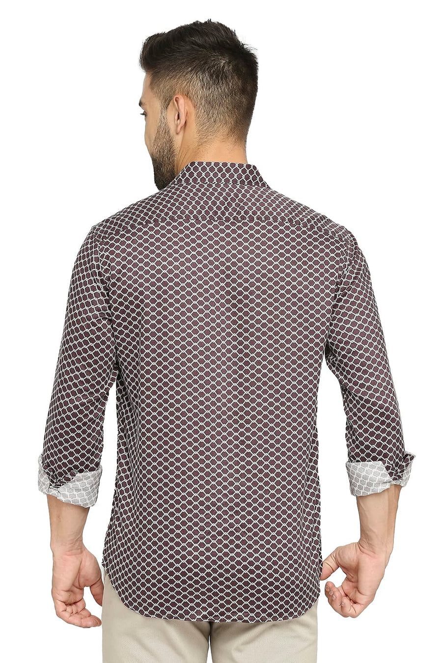 BASICS SLIM FIT FUDGE BROWN TENCEL PRINTED SHIRT
