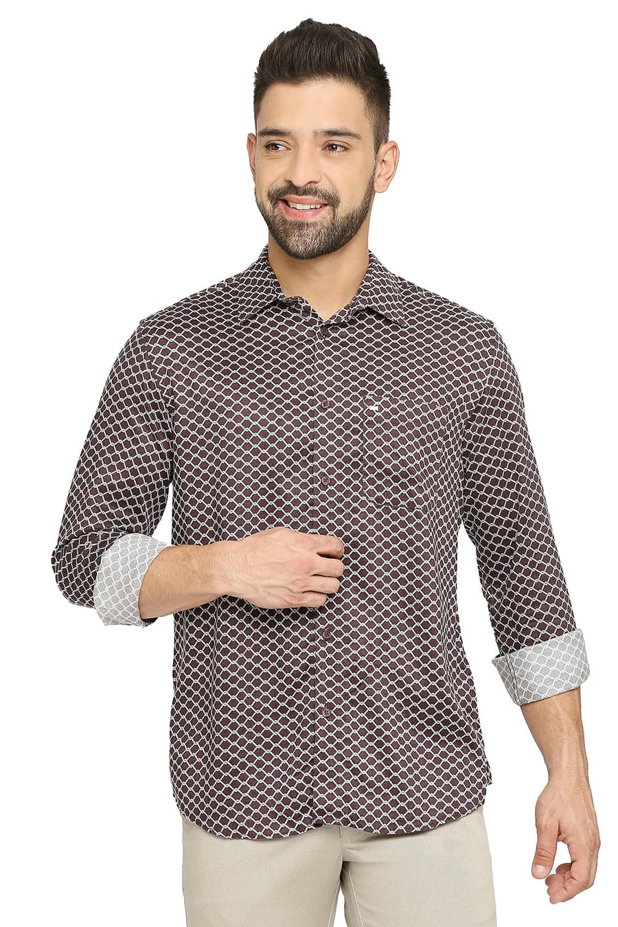 BASICS SLIM FIT FUDGE BROWN TENCEL PRINTED SHIRT