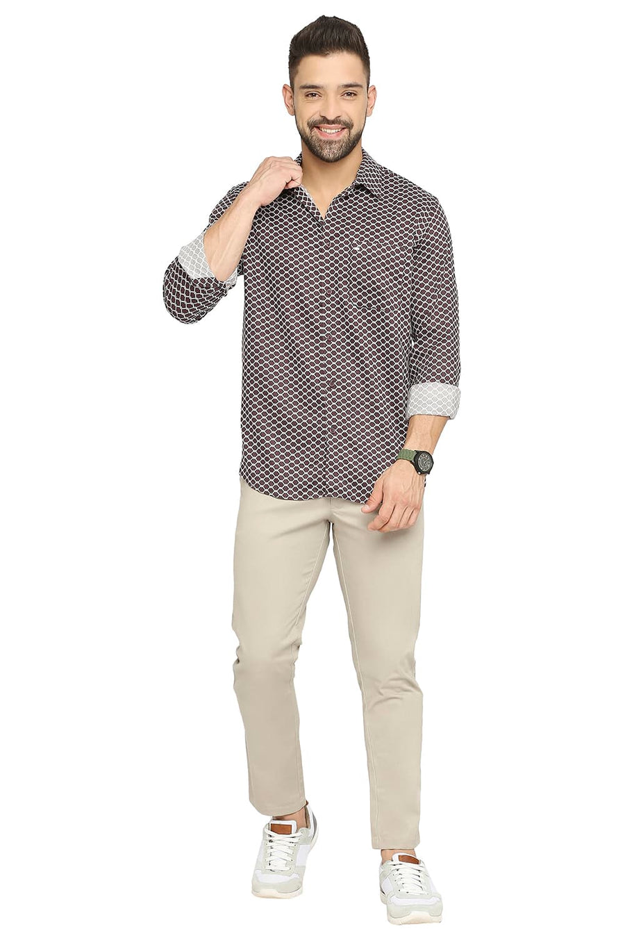 BASICS SLIM FIT FUDGE BROWN TENCEL PRINTED SHIRT