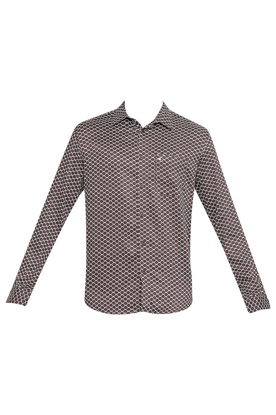 BASICS SLIM FIT FUDGE BROWN TENCEL PRINTED SHIRT