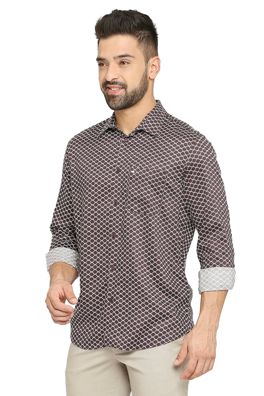 BASICS SLIM FIT FUDGE BROWN TENCEL PRINTED SHIRT