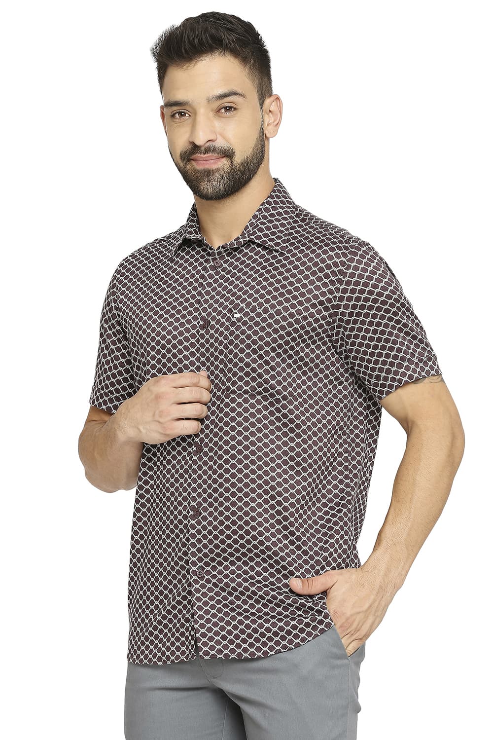 BASICS SLIM FIT TENCEL PRINTED HALFSLEEVES SHIRT