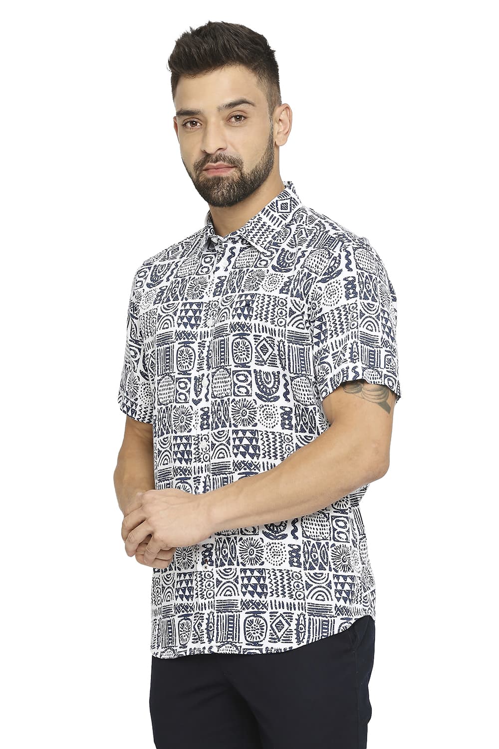 BASICS SLIM FIT TENCEL PRINTED HALFSLEEVES SHIRT