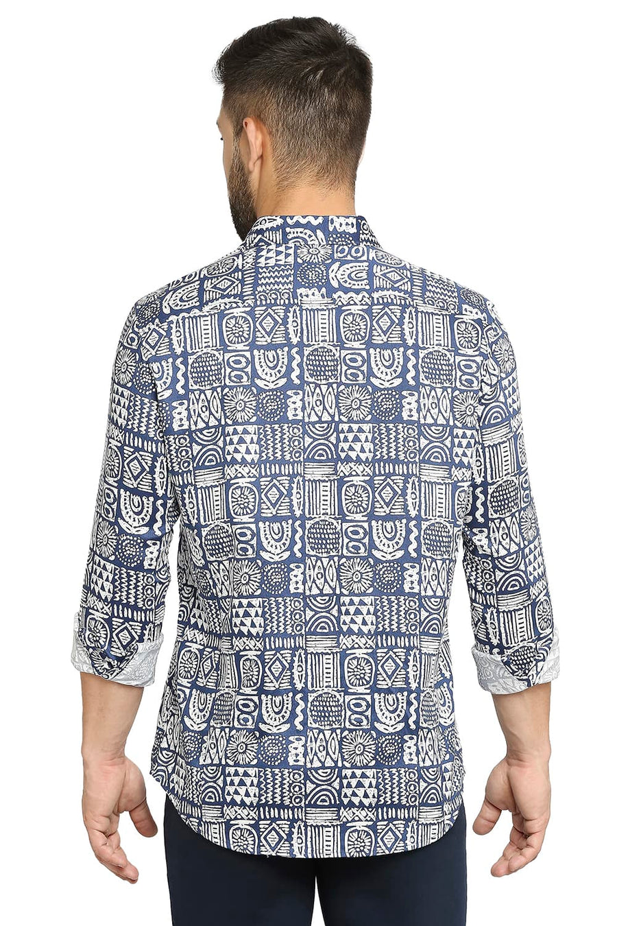 BASICS SLIM FIT VULCAN NAVY TENCEL PRINTED SHIRT