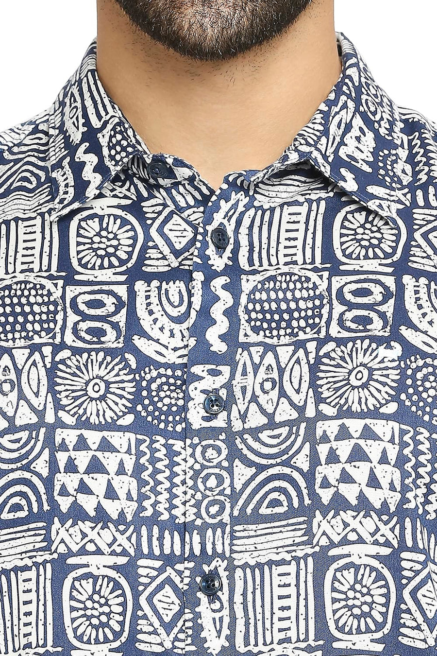 BASICS SLIM FIT VULCAN NAVY TENCEL PRINTED SHIRT