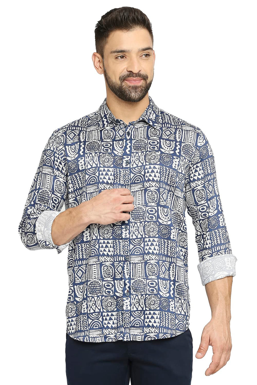 BASICS SLIM FIT VULCAN NAVY TENCEL PRINTED SHIRT