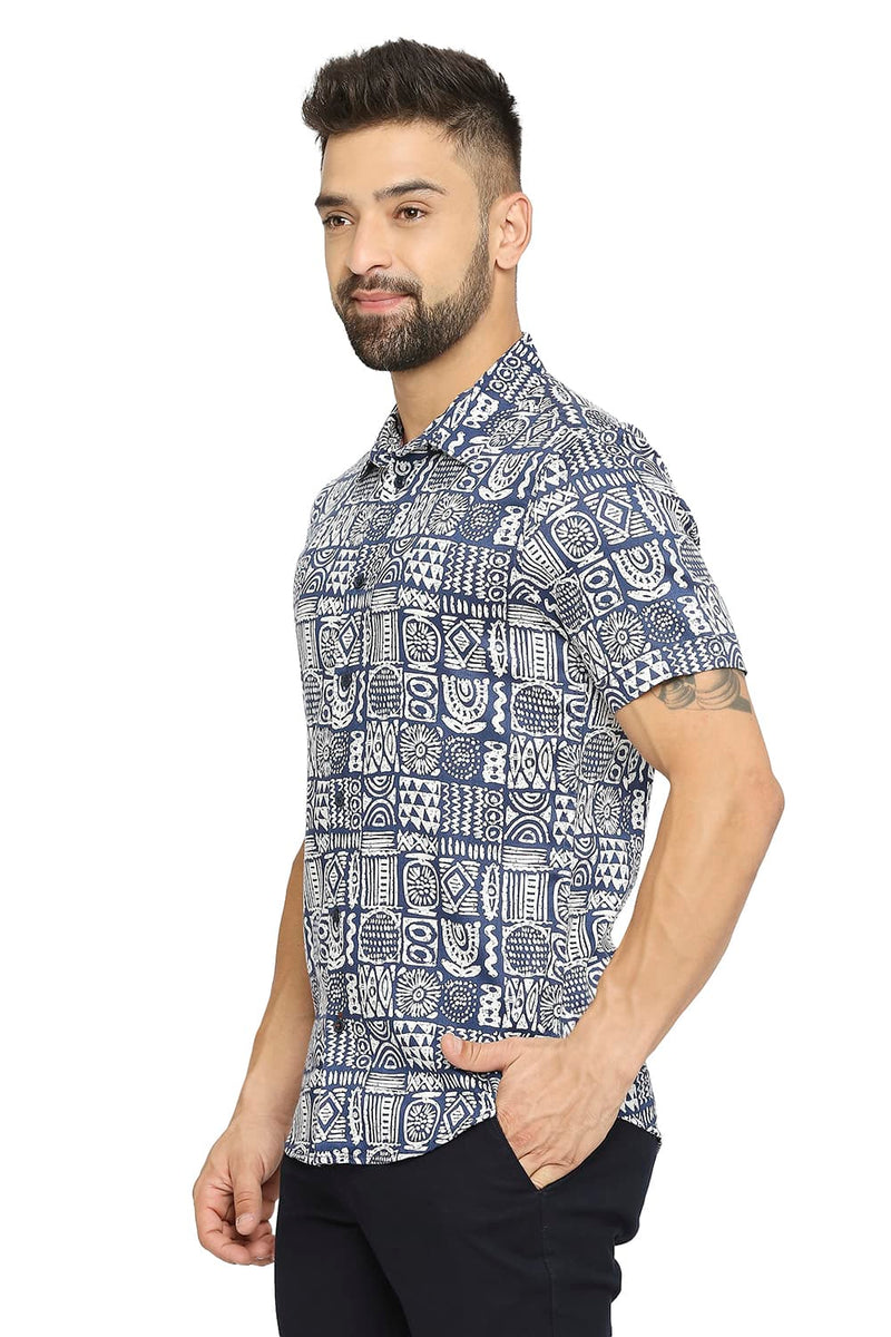 BASICS SLIM FIT TENCEL PRINTED HALFSLEEVES SHIRT