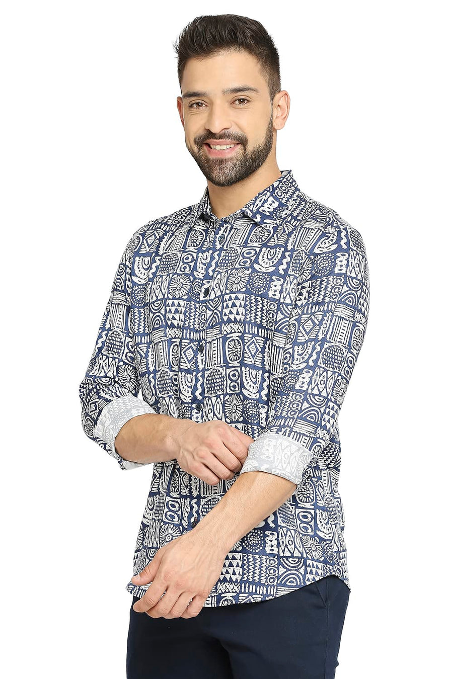 BASICS SLIM FIT VULCAN NAVY TENCEL PRINTED SHIRT