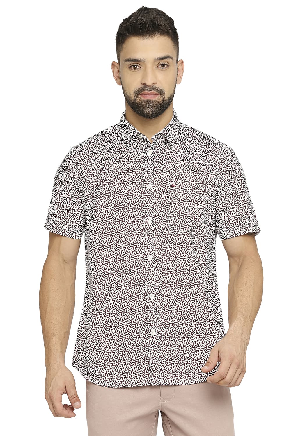 BASICS SLIM FIT COTTON POPLIN PRINTED SHIRT