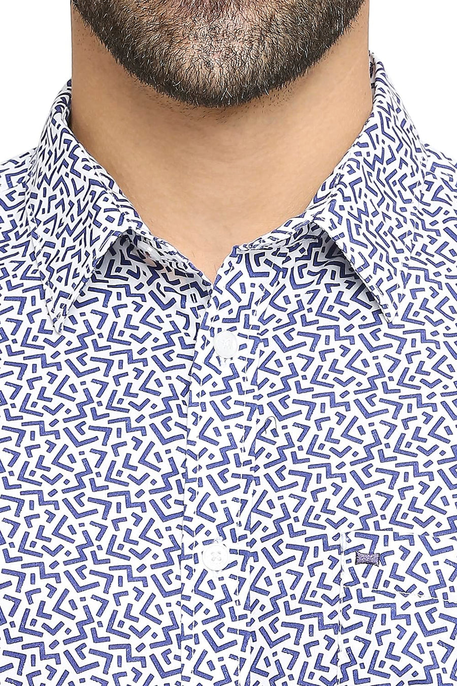 BASICS SLIM FIT DUTCH BLUE COTTON POPLIN PRINTED SHIRT