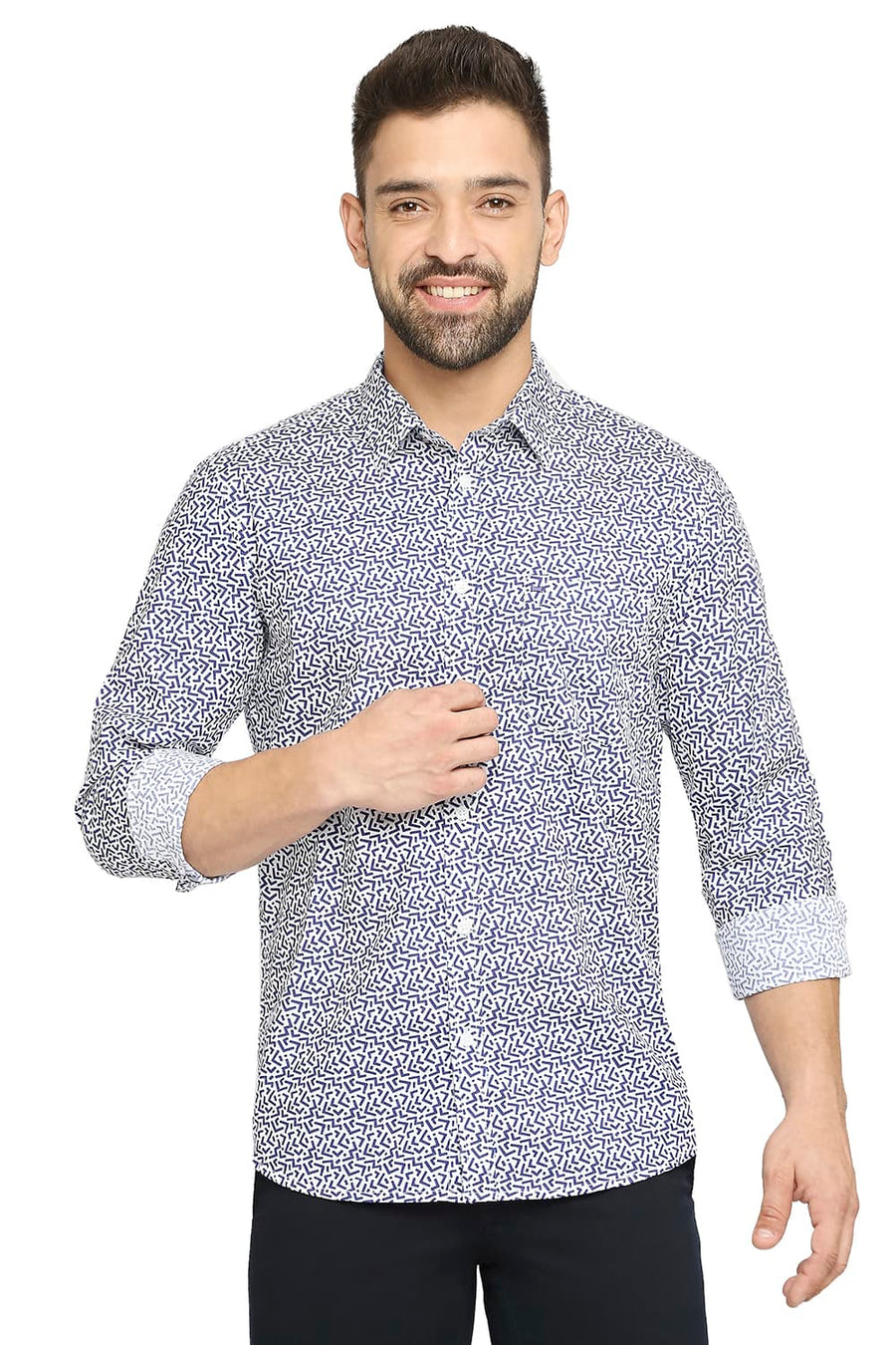 BASICS SLIM FIT DUTCH BLUE COTTON POPLIN PRINTED SHIRT