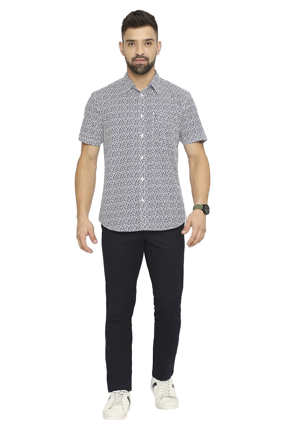 BASICS SLIM FIT COTTON POPLIN PRINTED HALFSLEEVES SHIRT