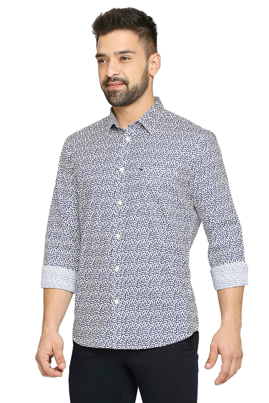 BASICS SLIM FIT DUTCH BLUE COTTON POPLIN PRINTED SHIRT