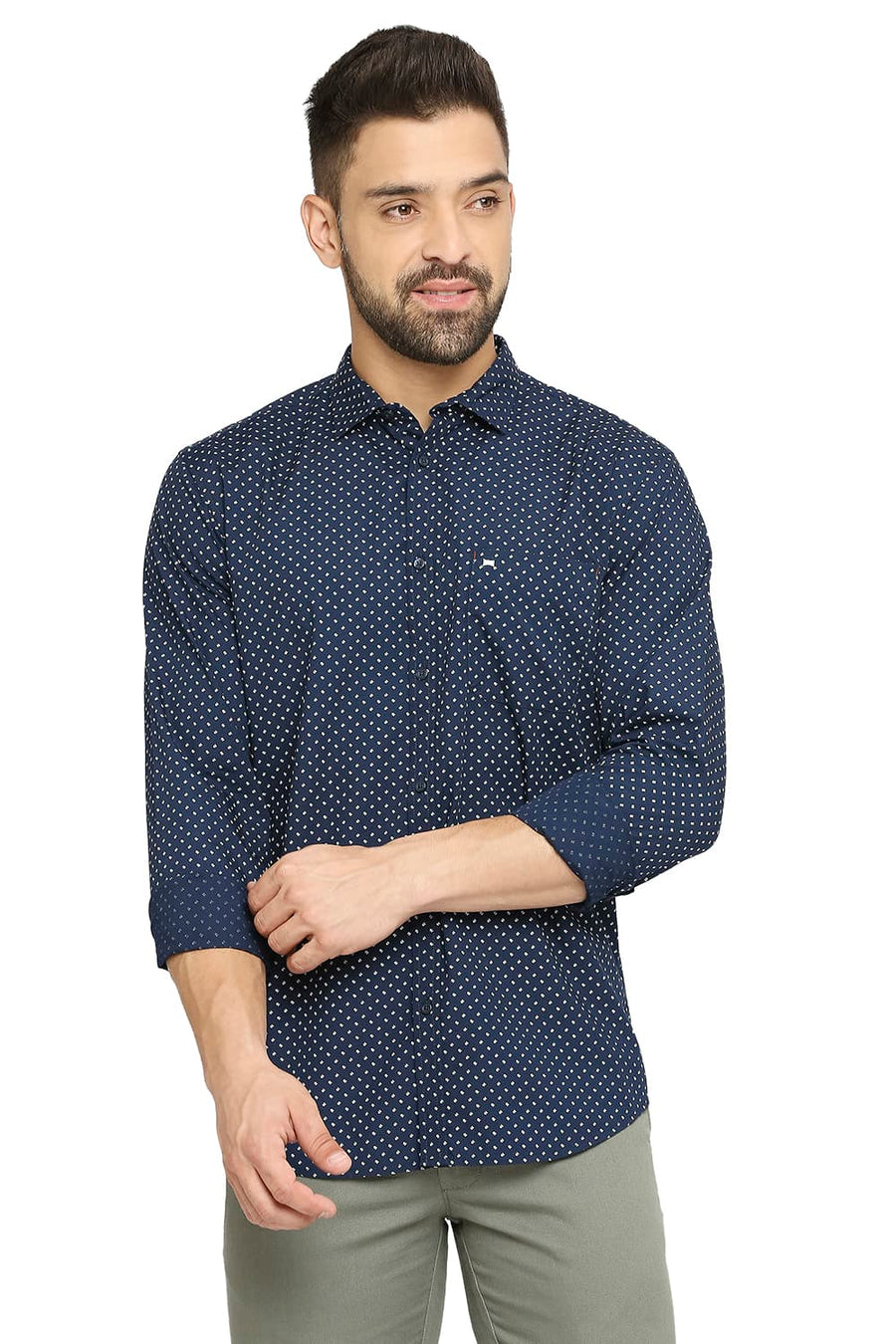 BASICS SLIM FIT BLUE IRIS COTTON POPLIN PRINTED SHIRT