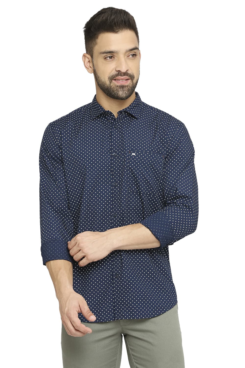 BASICS SLIM FIT COTTON POPLIN PRINTED SHIRT