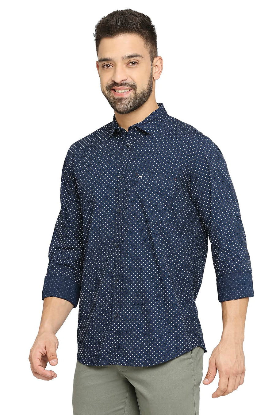 BASICS SLIM FIT BLUE IRIS COTTON POPLIN PRINTED SHIRT