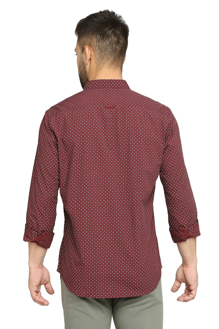 BASICS SLIM FIT MAUVE WINE COTTON POPLIN PRINTED SHIRT