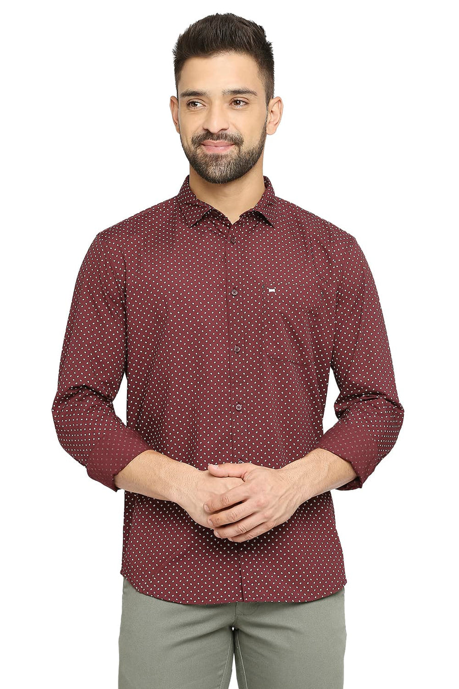 BASICS SLIM FIT MAUVE WINE COTTON POPLIN PRINTED SHIRT