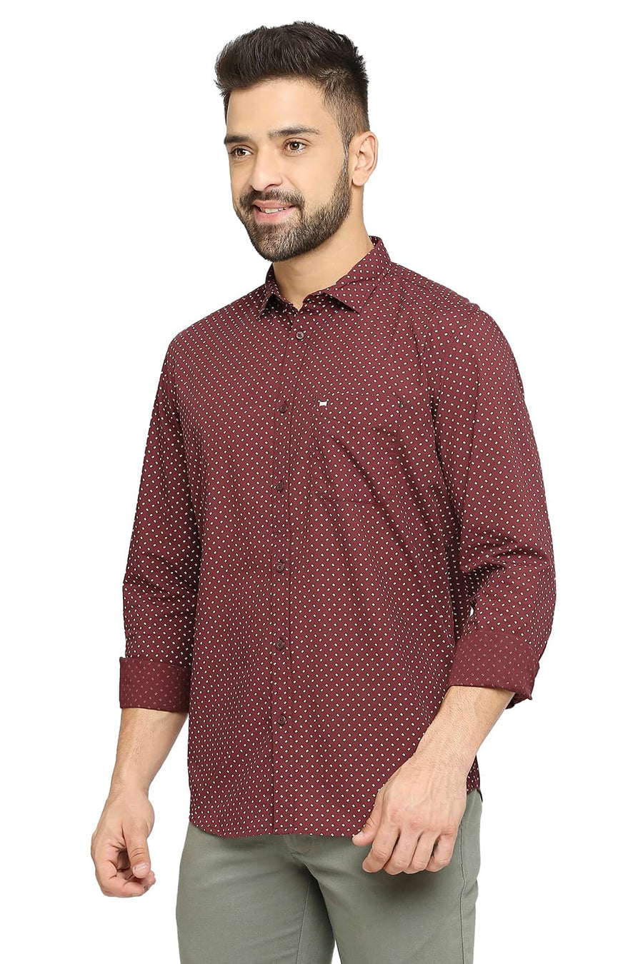 BASICS SLIM FIT MAUVE WINE COTTON POPLIN PRINTED SHIRT