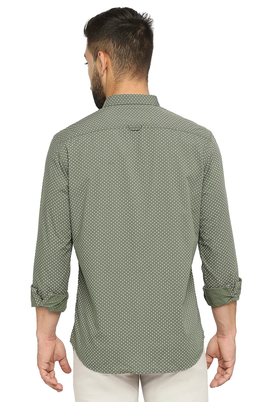 BASICS SLIM FIT MYRTLE GREEN COTTON POPLIN PRINTED SHIRT