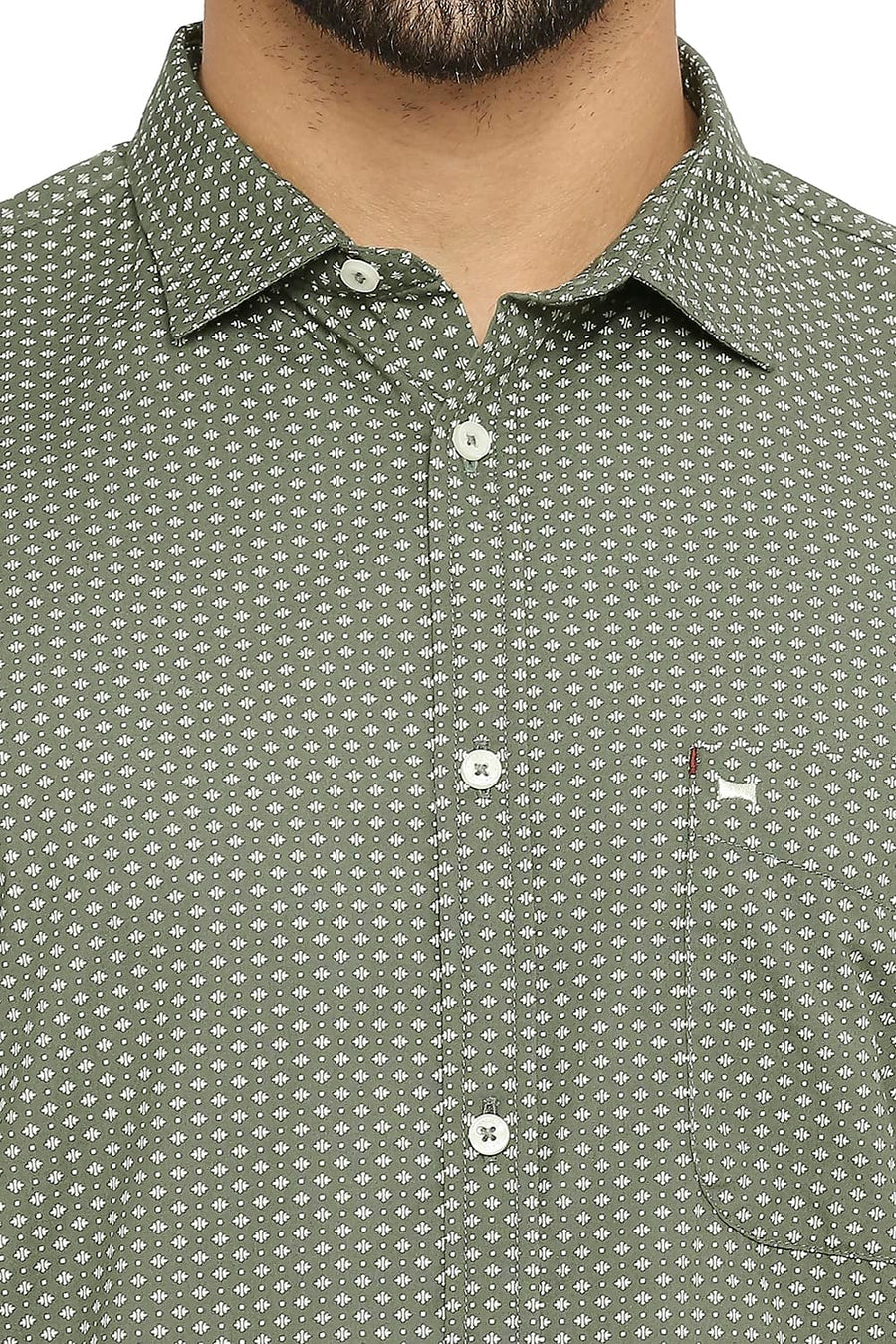 BASICS SLIM FIT MYRTLE GREEN COTTON POPLIN PRINTED SHIRT