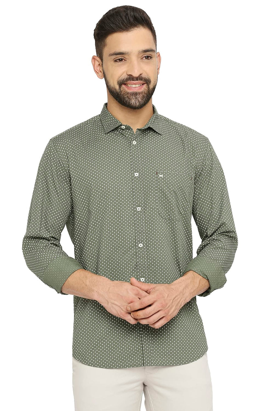 BASICS SLIM FIT MYRTLE GREEN COTTON POPLIN PRINTED SHIRT