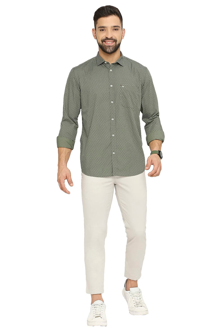 BASICS SLIM FIT MYRTLE GREEN COTTON POPLIN PRINTED SHIRT
