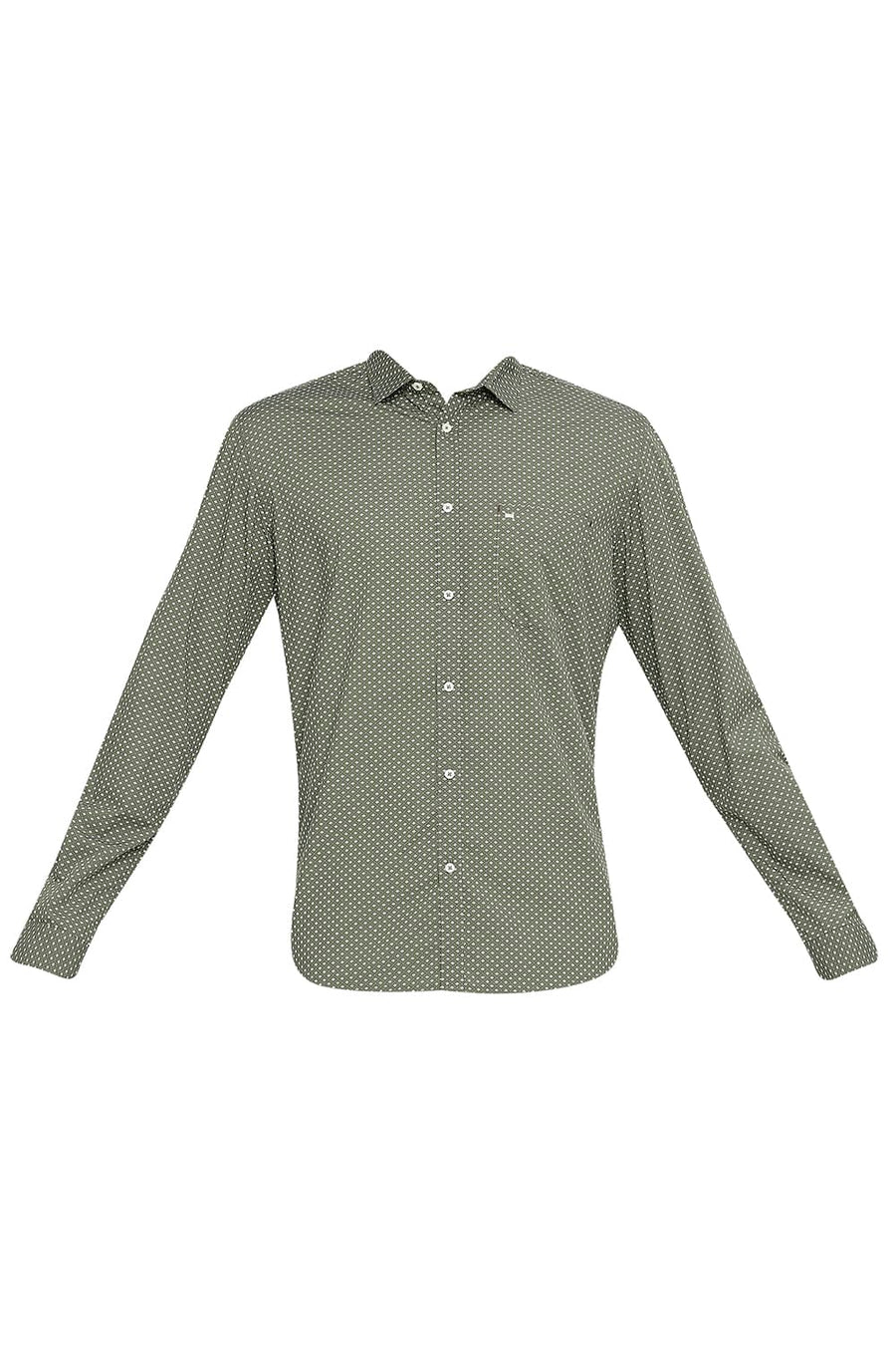BASICS SLIM FIT MYRTLE GREEN COTTON POPLIN PRINTED SHIRT
