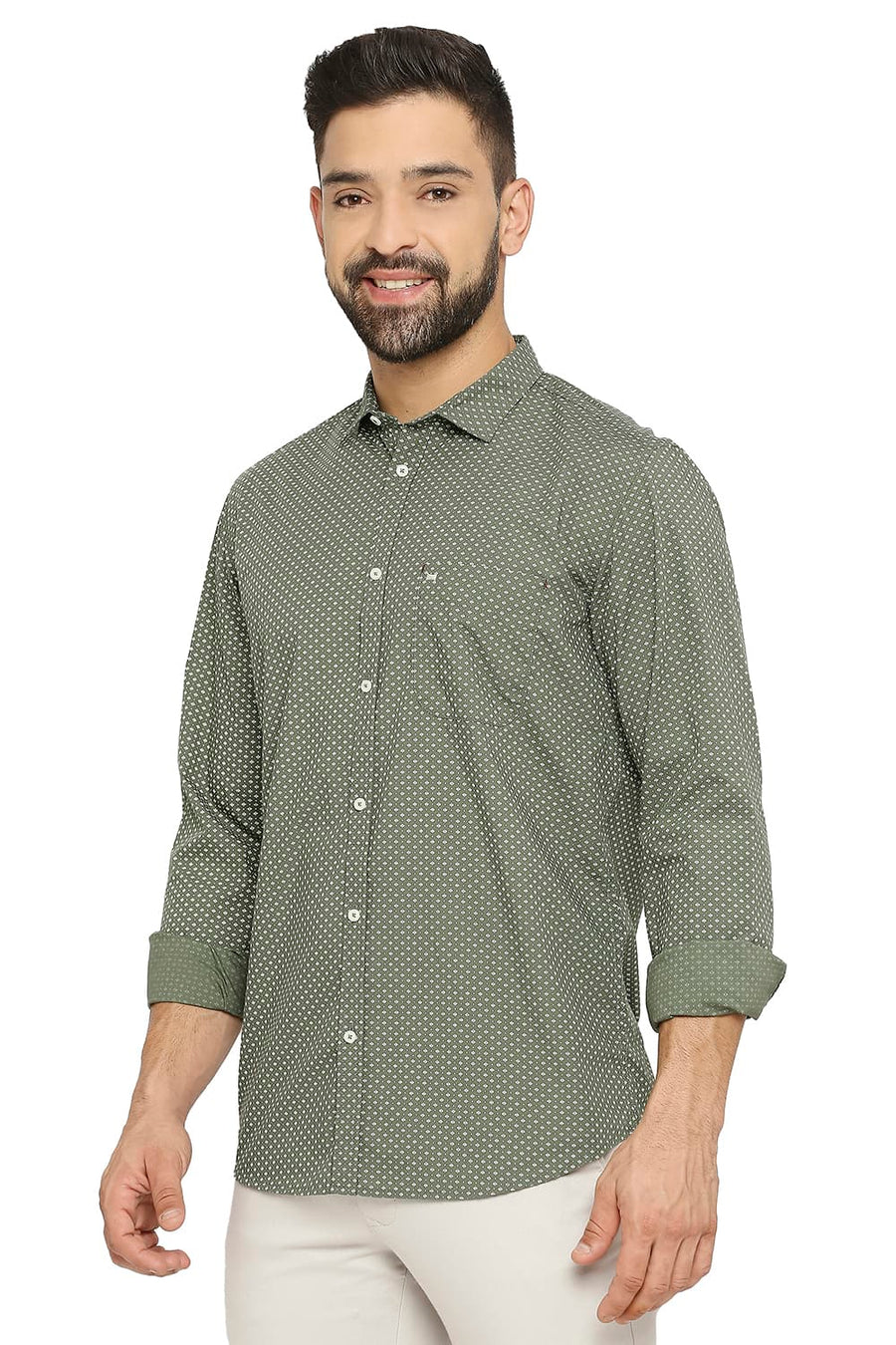 BASICS SLIM FIT MYRTLE GREEN COTTON POPLIN PRINTED SHIRT