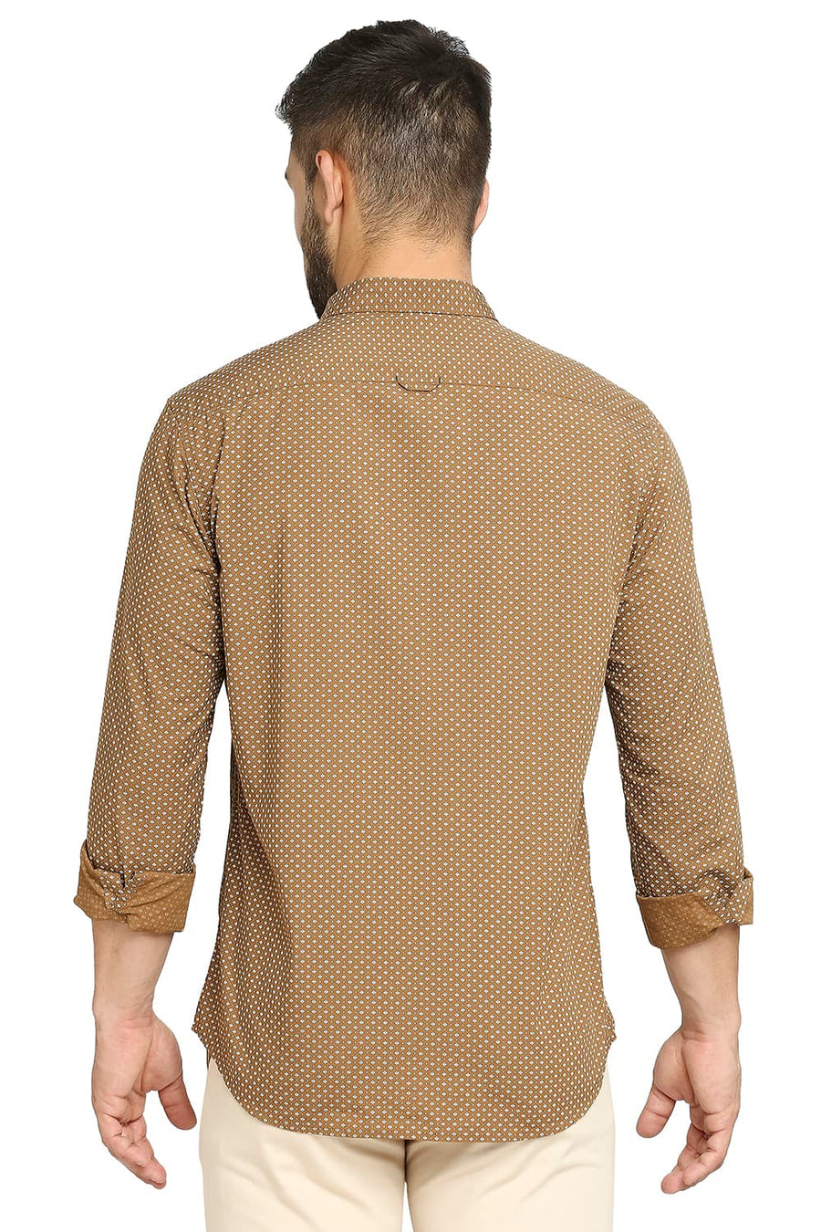 BASICS SLIM FIT BISCUIT KHAKI COTTON POPLIN PRINTED SHIRT