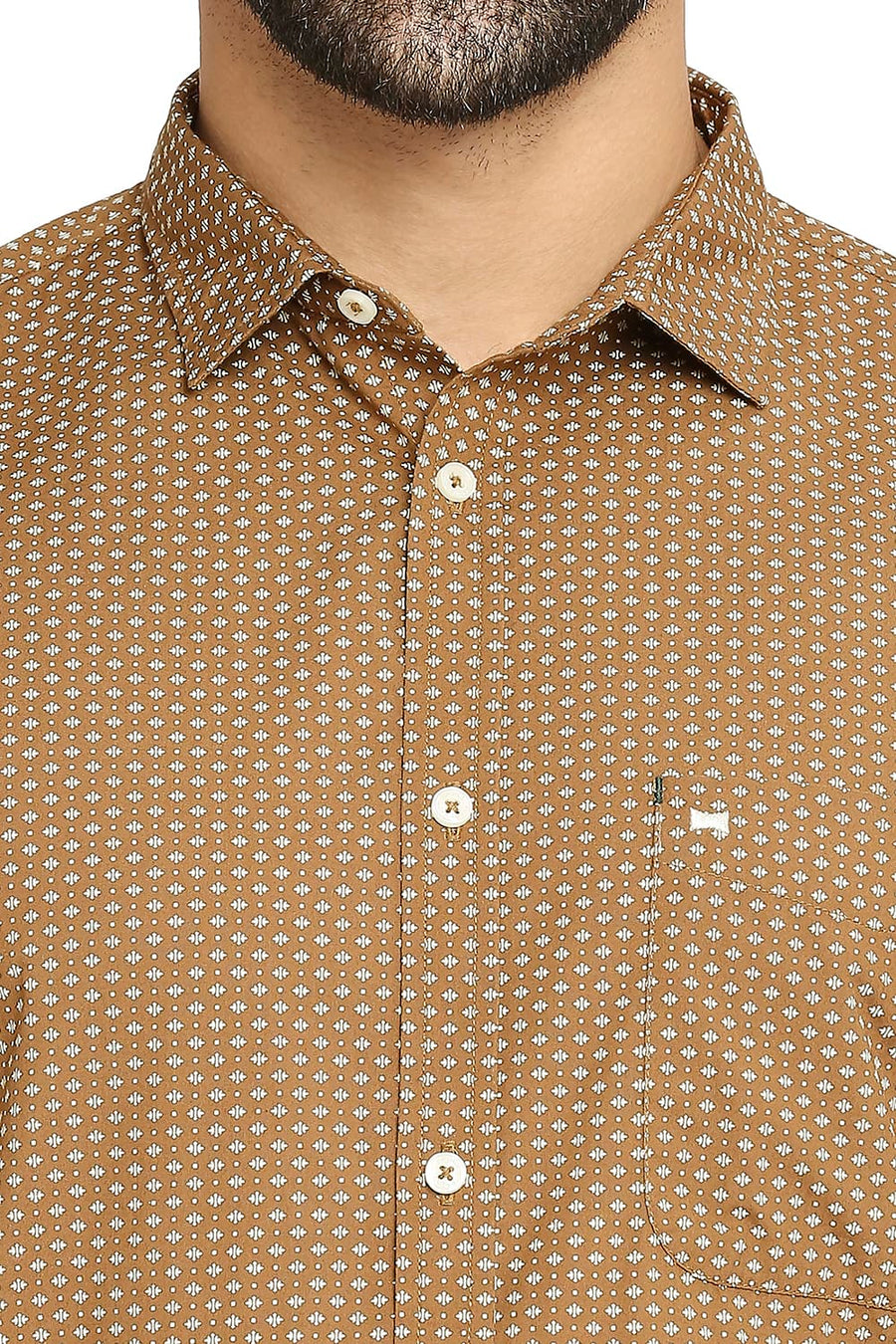 BASICS SLIM FIT BISCUIT KHAKI COTTON POPLIN PRINTED SHIRT