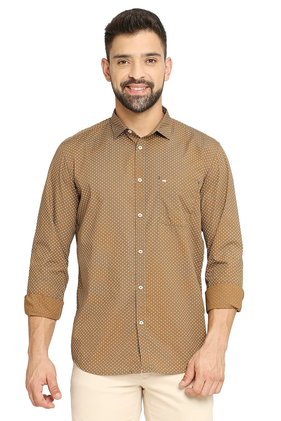 BASICS SLIM FIT BISCUIT KHAKI COTTON POPLIN PRINTED SHIRT