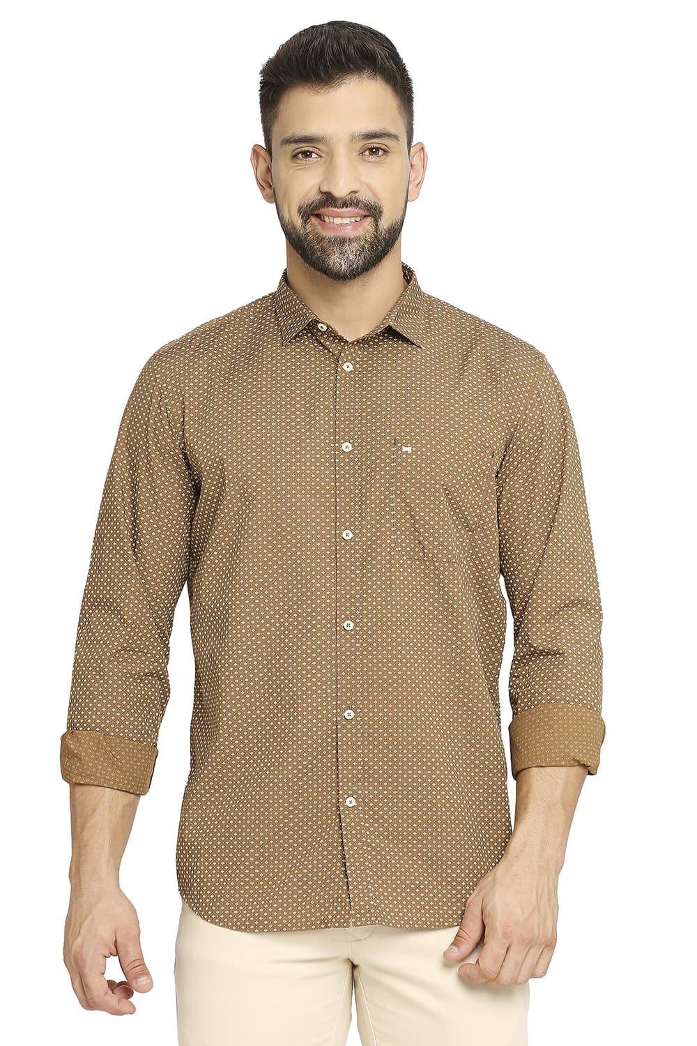 BASICS SLIM FIT COTTON POPLIN PRINTED SHIRT