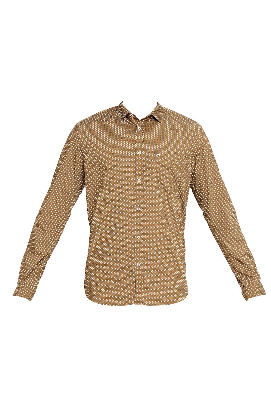 BASICS SLIM FIT BISCUIT KHAKI COTTON POPLIN PRINTED SHIRT