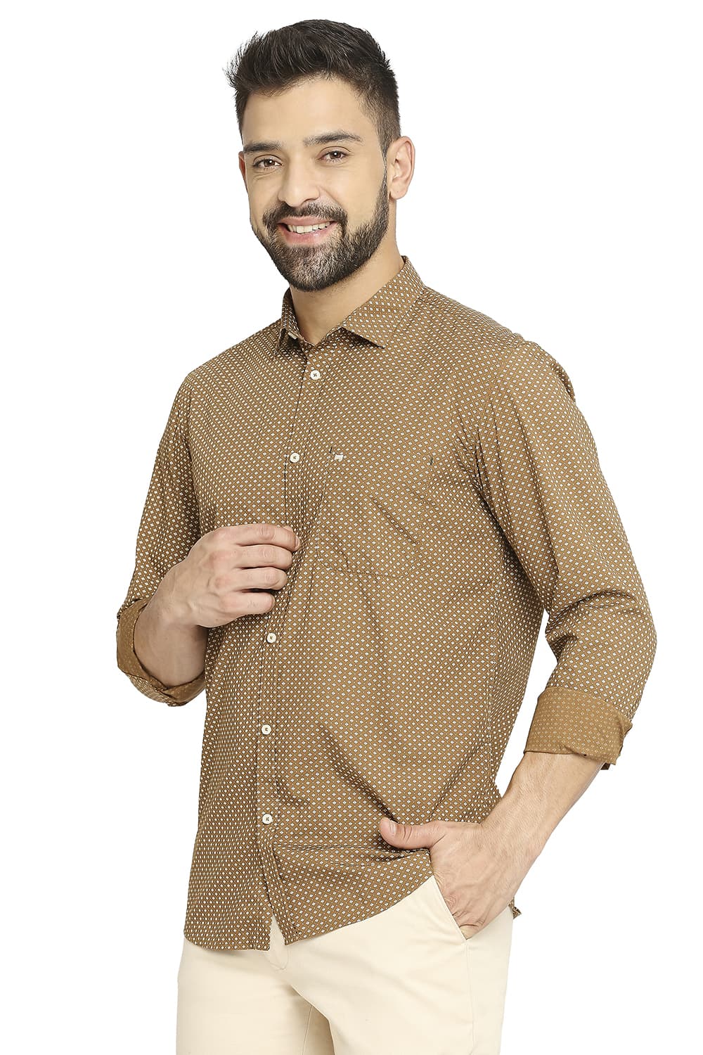 BASICS SLIM FIT COTTON POPLIN PRINTED SHIRT