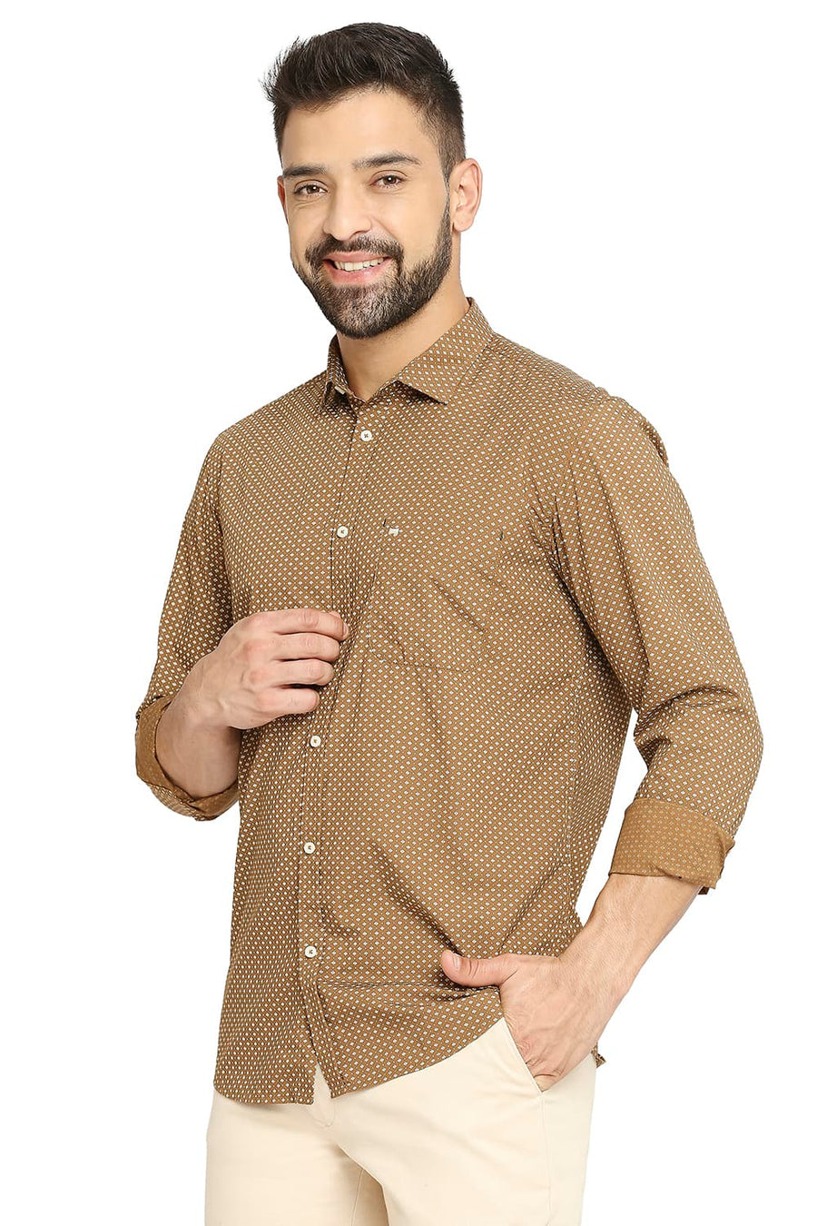 BASICS SLIM FIT BISCUIT KHAKI COTTON POPLIN PRINTED SHIRT