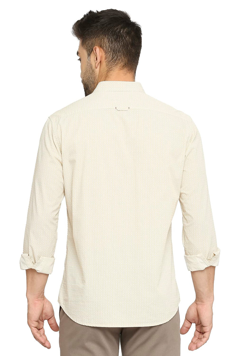 BASICS SLIM FIT PEBBLE BEIGE COTTON POPLIN PRINTED SHIRT