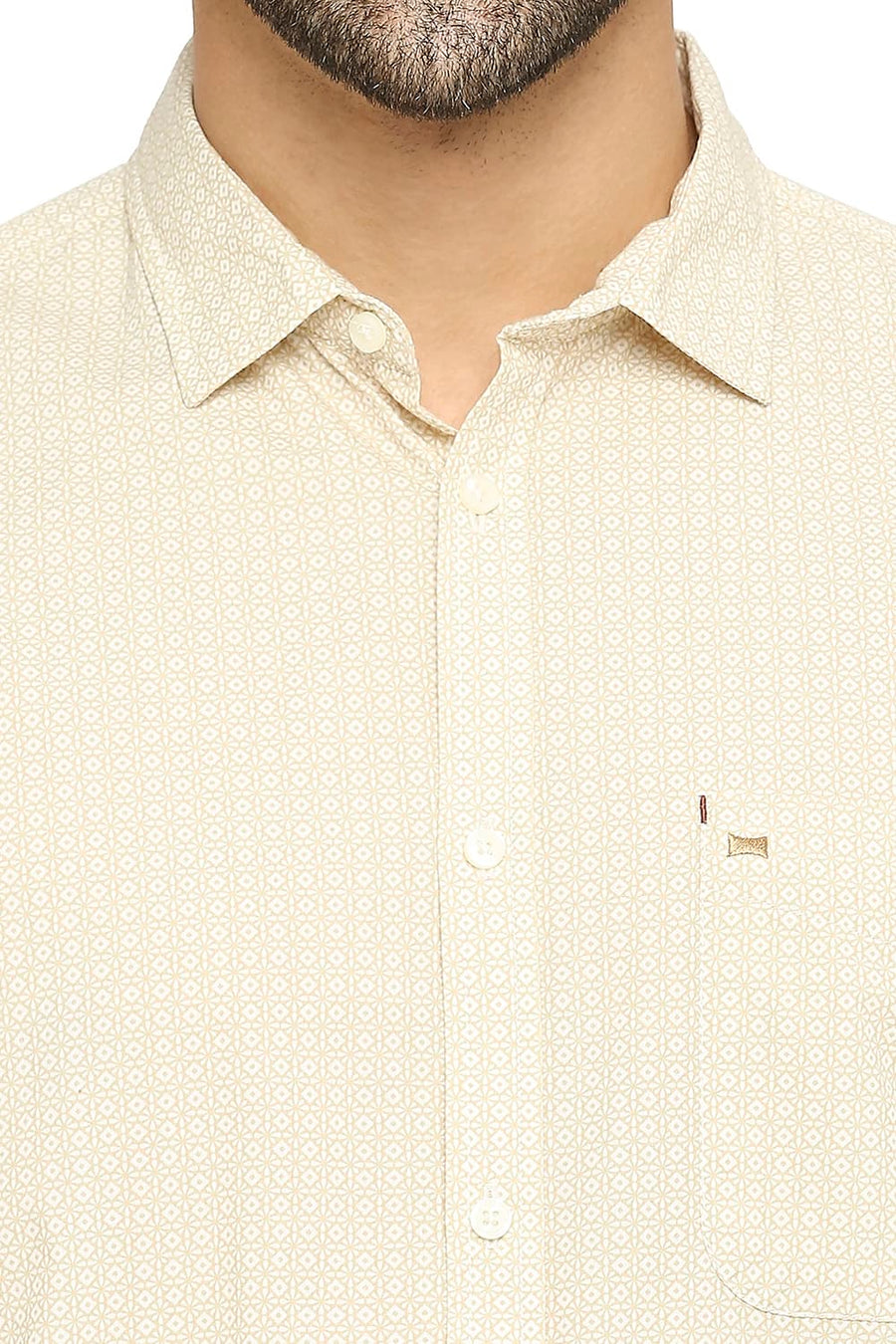 BASICS SLIM FIT PEBBLE BEIGE COTTON POPLIN PRINTED SHIRT