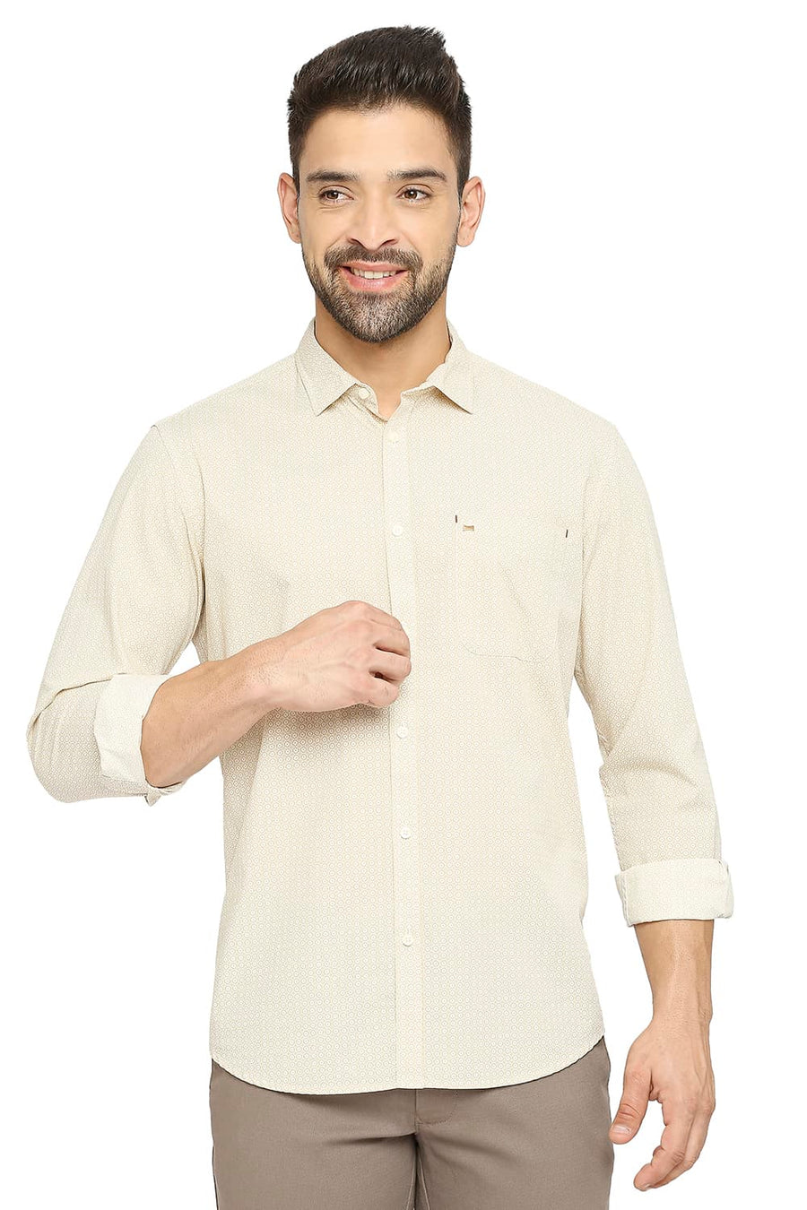 BASICS SLIM FIT PEBBLE BEIGE COTTON POPLIN PRINTED SHIRT