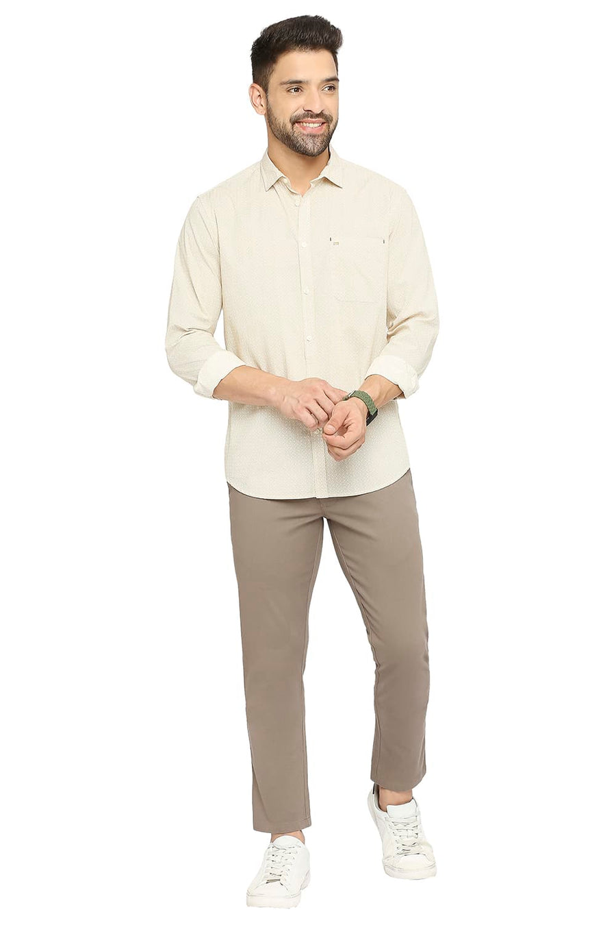 BASICS SLIM FIT PEBBLE BEIGE COTTON POPLIN PRINTED SHIRT