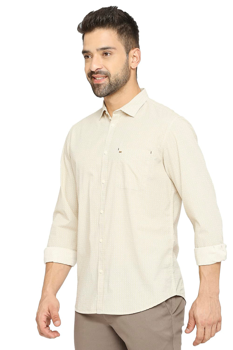 BASICS SLIM FIT PEBBLE BEIGE COTTON POPLIN PRINTED SHIRT