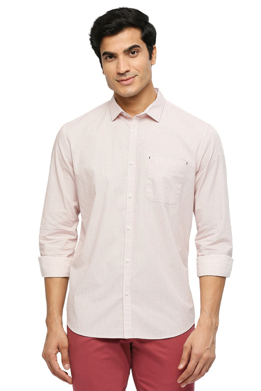 BASICS SLIM FIT ALMOND PINK COTTON POPLIN PRINTED SHIRT