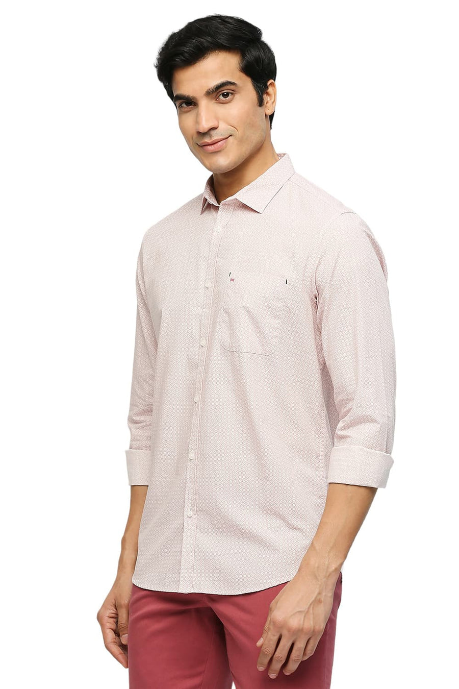 BASICS SLIM FIT ALMOND PINK COTTON POPLIN PRINTED SHIRT