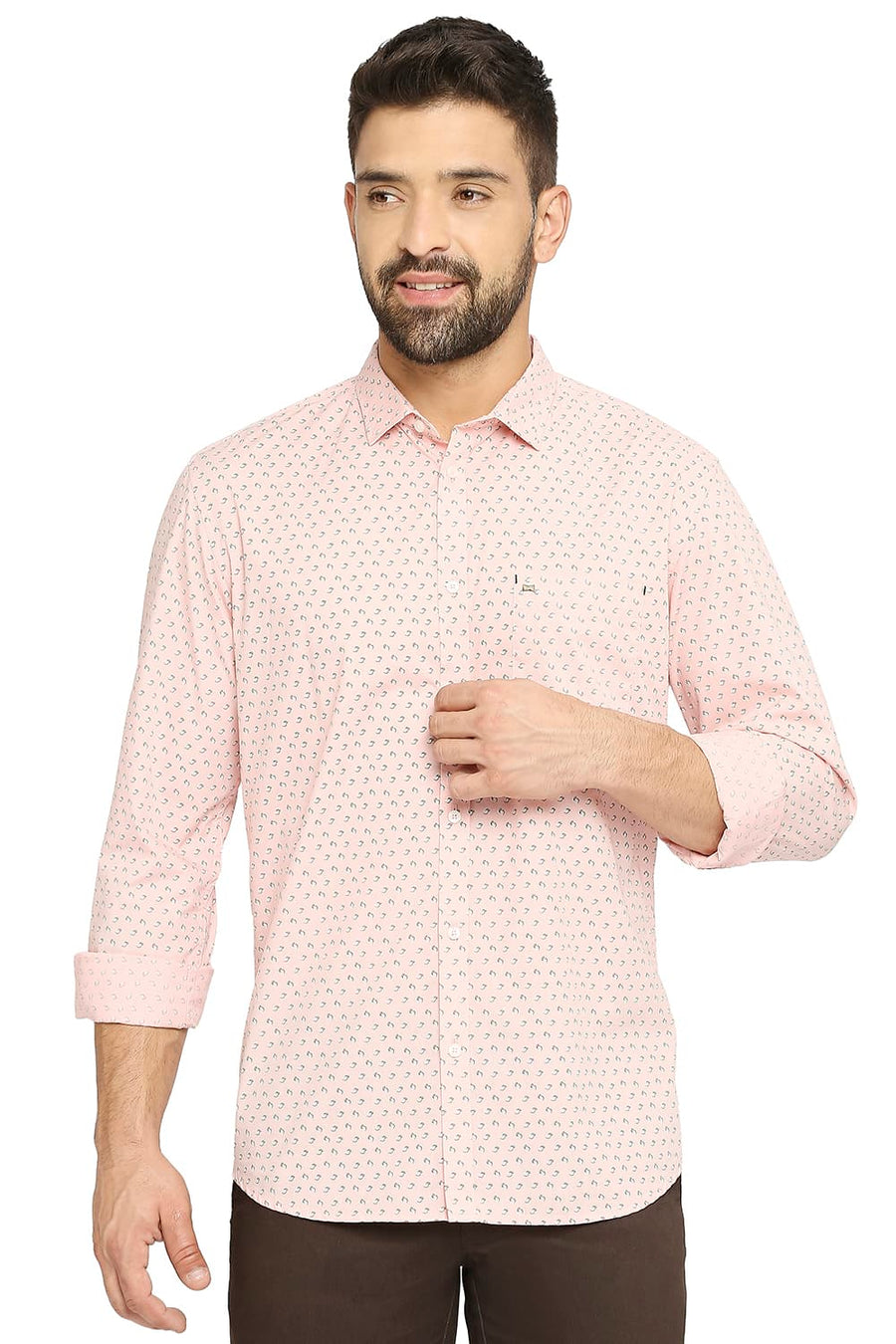 BASICS SLIM FIT BLOSSOM PINK COTTON POPLIN PRINTED SHIRT