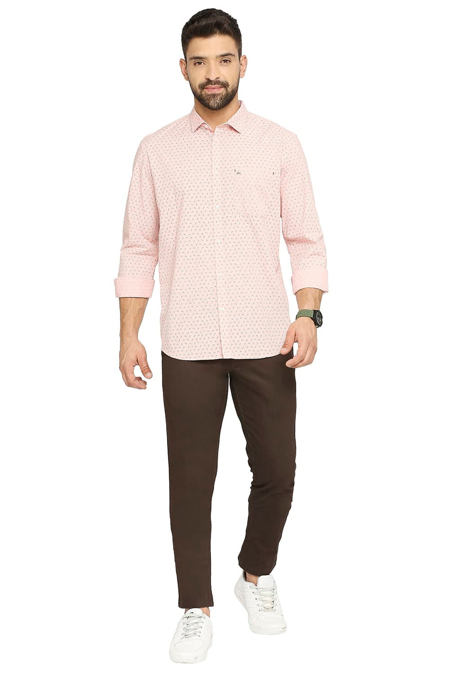 BASICS SLIM FIT BLOSSOM PINK COTTON POPLIN PRINTED SHIRT