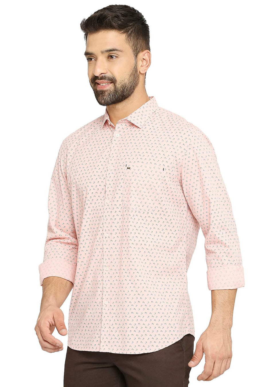 BASICS SLIM FIT BLOSSOM PINK COTTON POPLIN PRINTED SHIRT