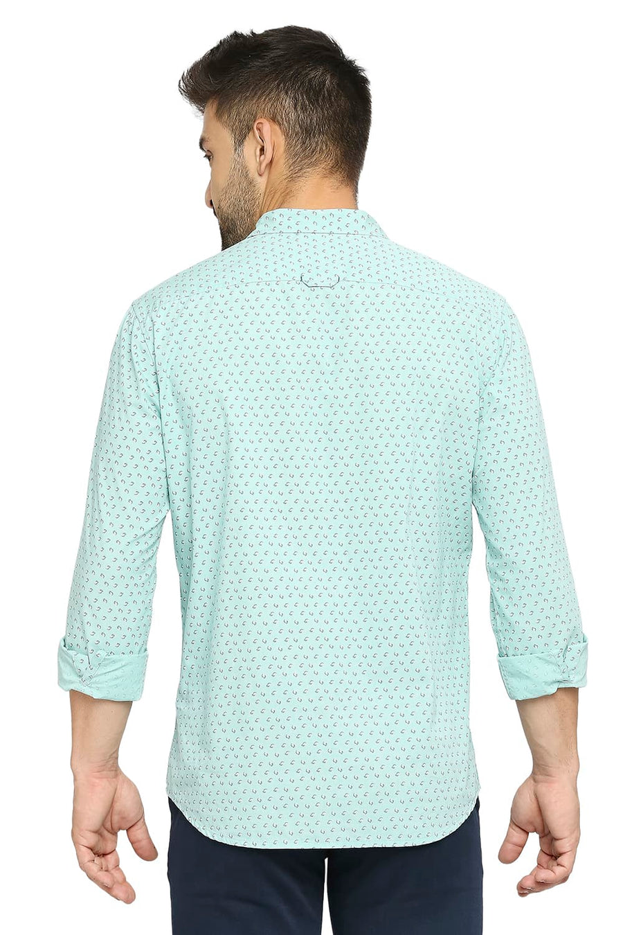 BASICS SLIM FIT LICHEN GREEN COTTON POPLIN PRINTED SHIRT
