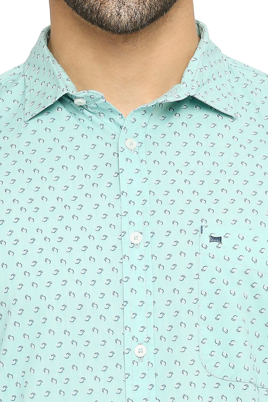 BASICS SLIM FIT LICHEN GREEN COTTON POPLIN PRINTED SHIRT