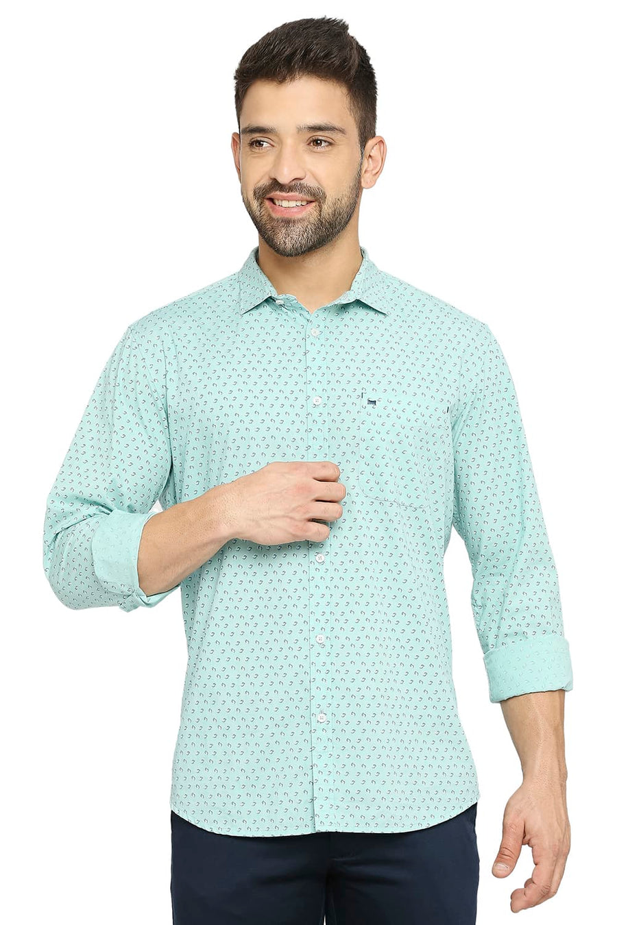 BASICS SLIM FIT LICHEN GREEN COTTON POPLIN PRINTED SHIRT