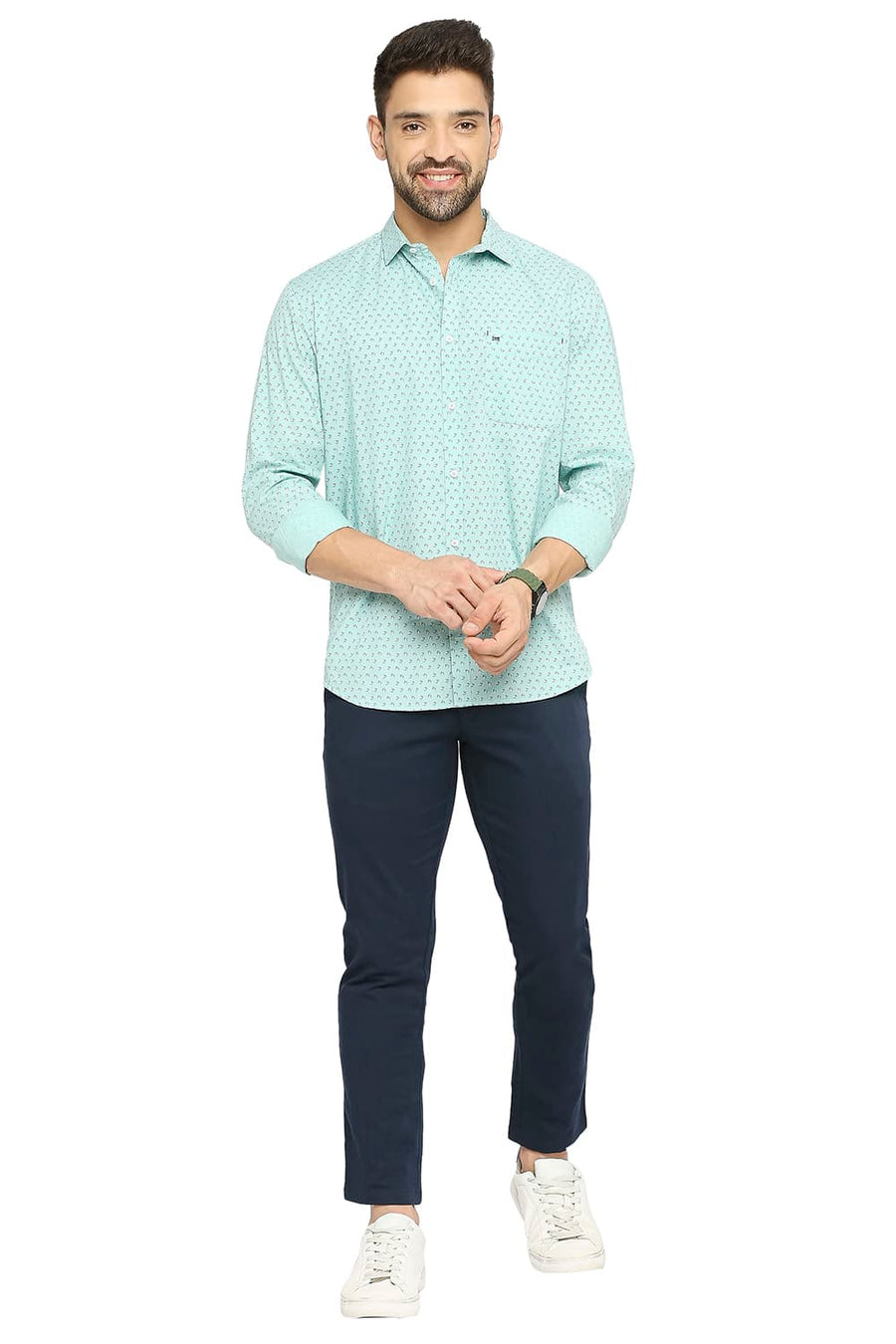 BASICS SLIM FIT LICHEN GREEN COTTON POPLIN PRINTED SHIRT